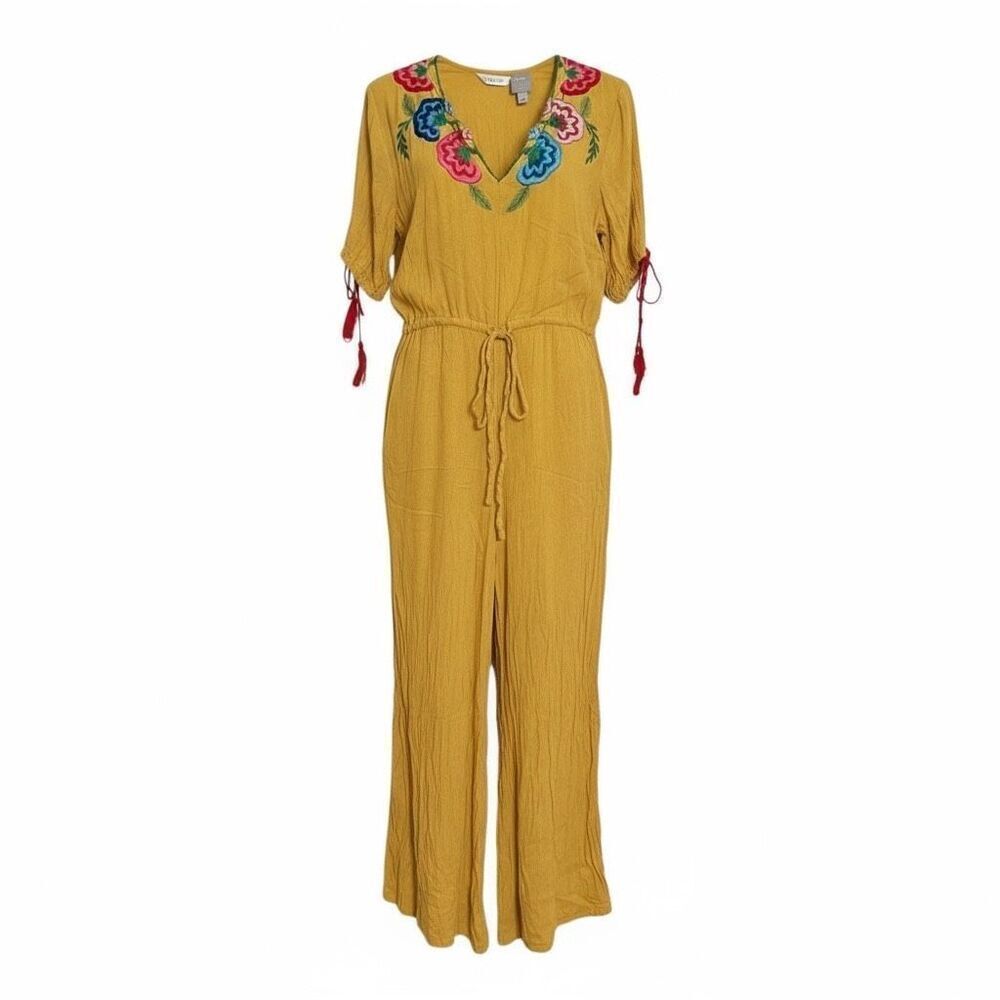 ASOS Embroidered V-Neck Drawstring Tassel Wide Leg Jumpsuit Yellow Red Size 4